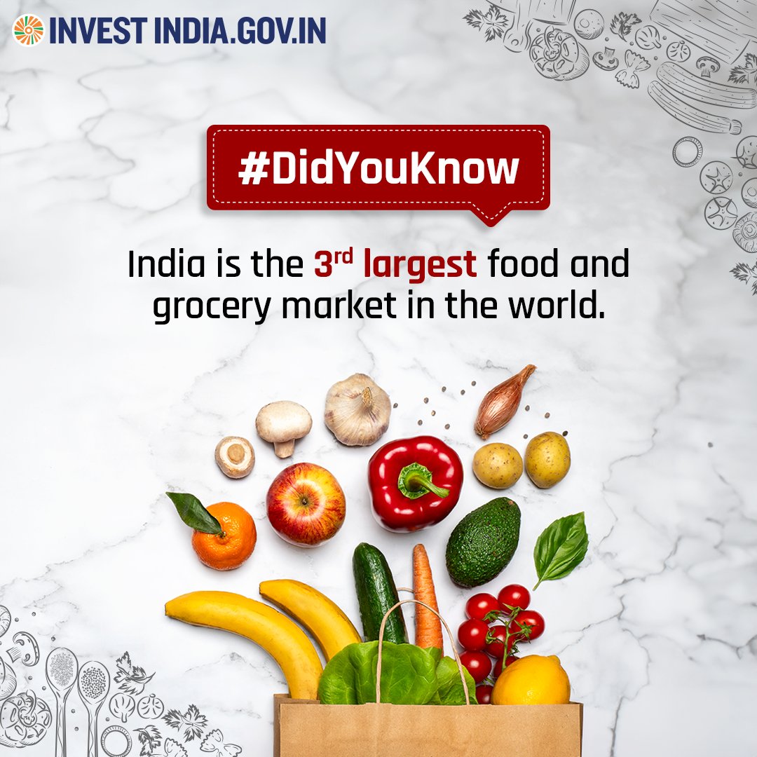 Food and grocery retail is the largest segment in #NewIndia's #retail sector, accounting for 65% of the total share—an opportunity that any global retailer must add to its growth cart. Read more at bit.ly/II-Food_Retail #InvestInIndia #InvestIndia #FoodRetail #DidYouKnow
