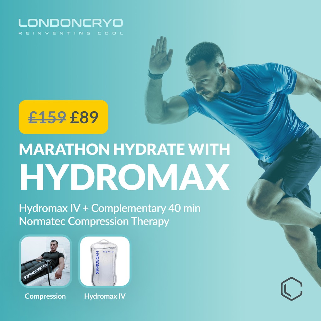 🏃‍♂️💦 Replenish and Recover with HYDROMAX! 💪✨
Get our Hydromax IV Drip + 40-min Normatec Compression Therapy for just £89 this April! 🌟 Save £70 and boost your marathon prep & recovery. Don't miss out!
#Marathon #Hydromax #NormatecCompression #LondonCryo #ReinventingCool #Reviv