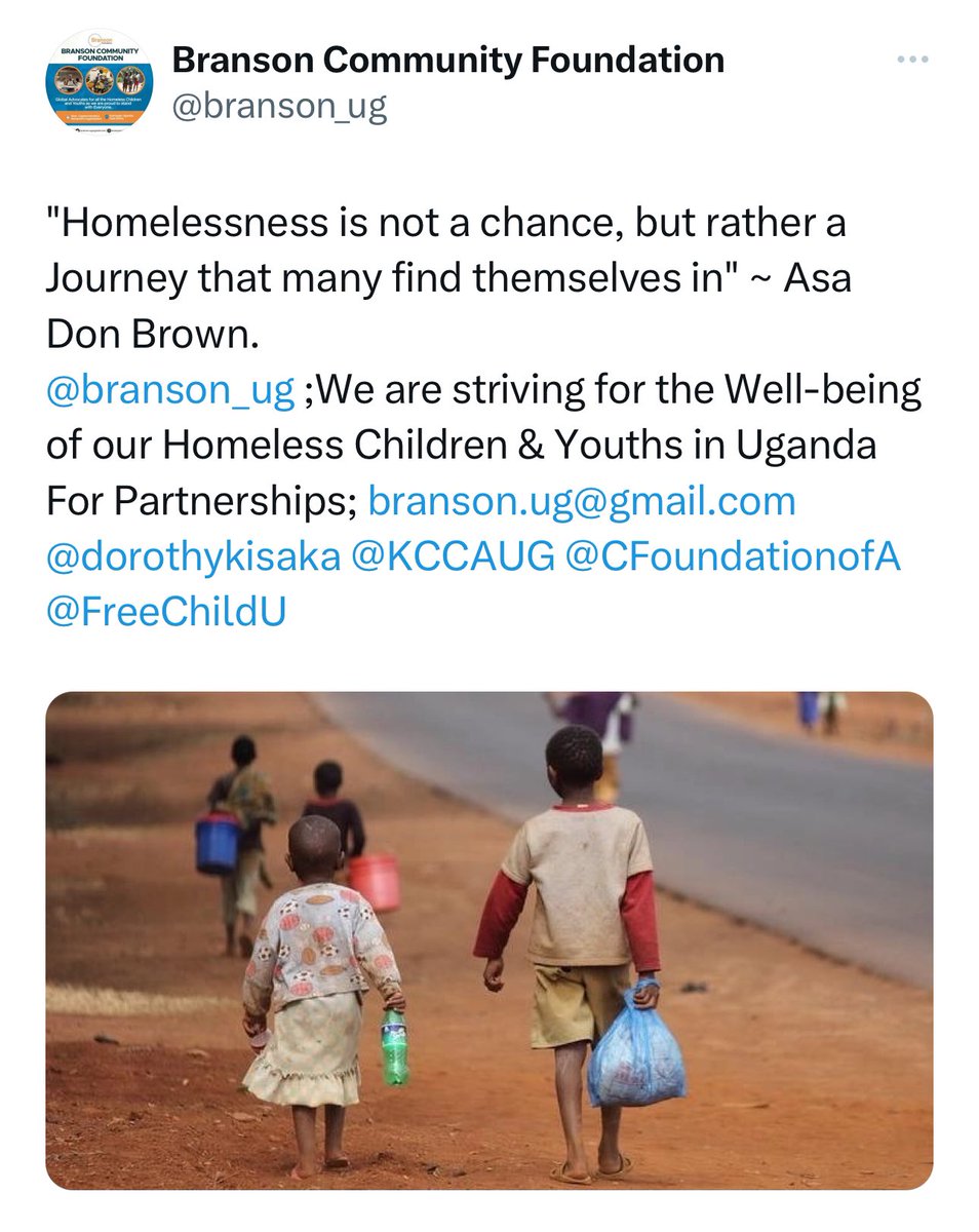 DrAsaDonBrown's tweet image. "Homelessness” has been the heart of my work. Everyone on this planet deserves a better way and an opportunity to thrive. We must do better by our fellow human. After all, we are #OneHumanRace. 
@branson_ug branson.ug@gmail.com
@dorothykisaka @KCCAUG @CFoundationofA @FreeChildU