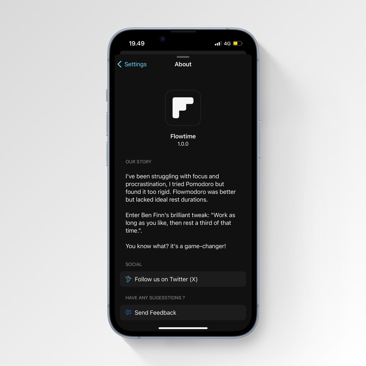 flowtimeapp's tweet photo. Update :

Moved the Social &amp; Send Feedback buttons to the About view. The Settings view now looks cleaner.

#buildinpublic #indiehackers #iosdev https://t.co/gDoLAJnFDa