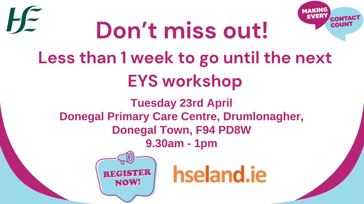 Sign up today for one of the few remaining places on the Making Every Contact Count (MECC) ‘Enhancing Your Skills’ workshop on 23rd April in Donegal Town. Search for ‘EYSCHO1’ @HSeLanD to secure your spot. To find out more, contact Lynda McGuinness @ lynda.mcguinness@hse.ie