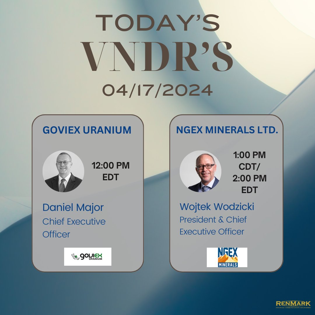 Catch the excitement! Join us virtually as we showcase GoviEx Uranium Inc. and NGEx Minerals Ltd. #RenmarkVNDR Registrations: GXU: ow.ly/E8AI50RceKG NGEX: ow.ly/mi0Q50RceKH #GXU #urnaium #exploration #NGEX #copper #gold #silver