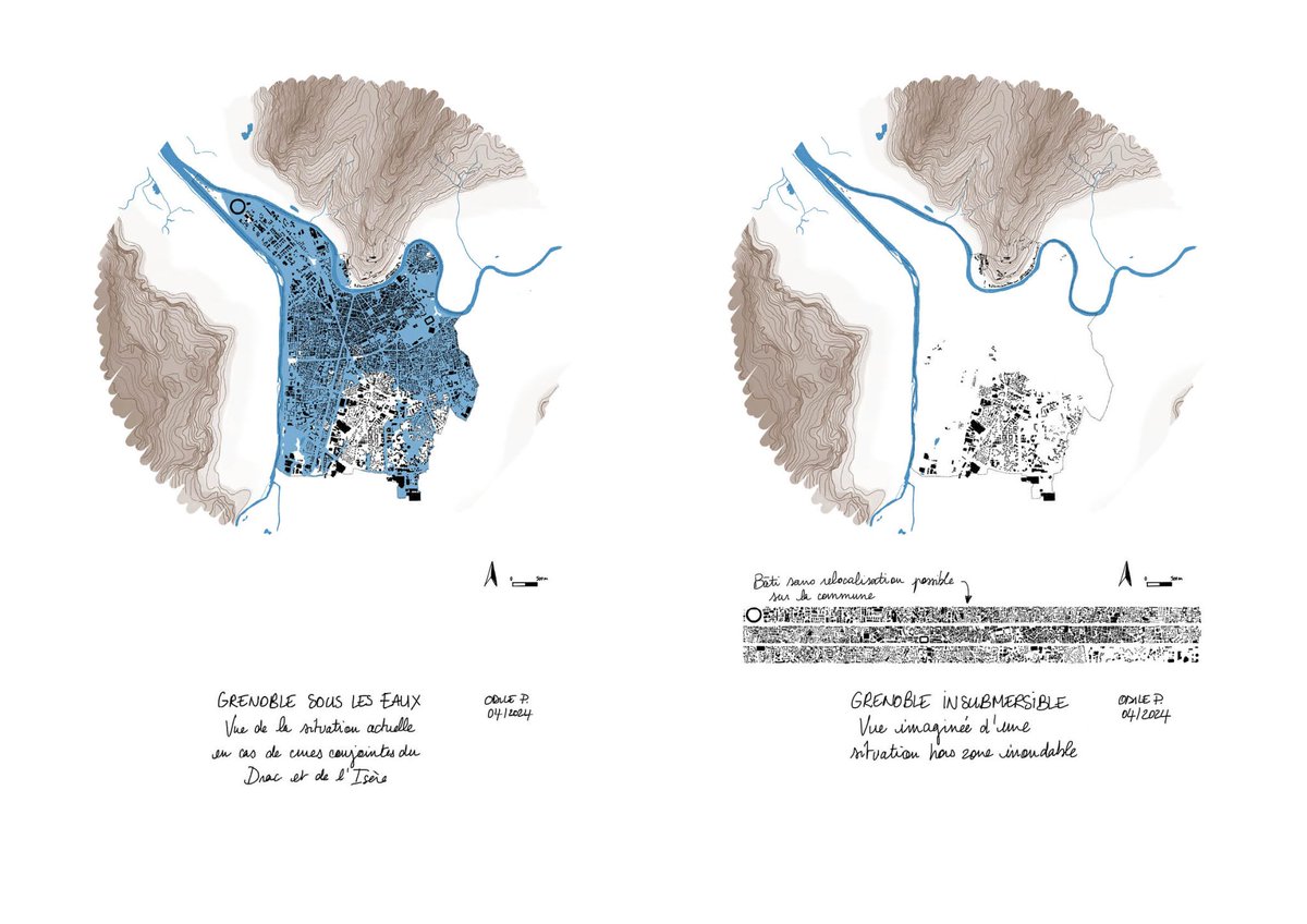 À quoi ressemblerait Grenoble s'il n'y avait pas de constructions en zone inondable. Mais maintenant la première cause quand c'est inondé c'est le réchaufman. Source Odile Plattard via @catnatnet