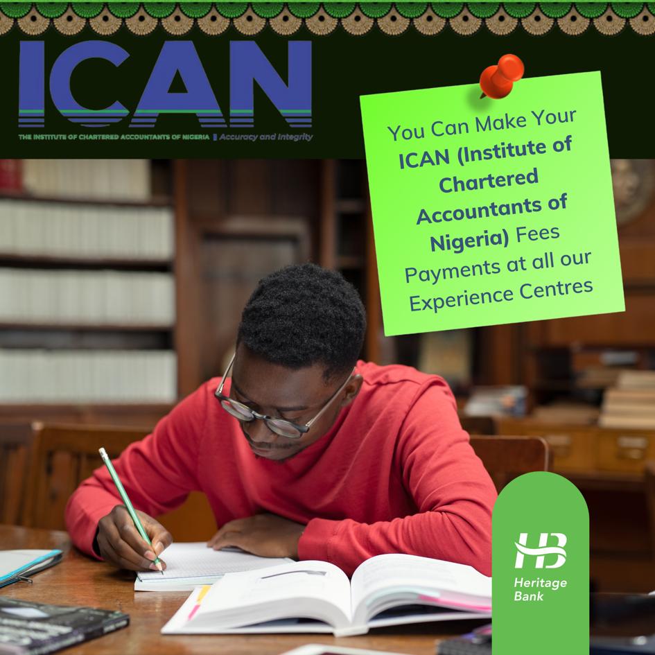 heritagebankplc's tweet photo. Do you know where to make your ICAN Fee payments?

We have good news for you - at all our Experience Centres, you have the convenience of making your ICAN (Institute of Chartered Accountants of Nigeria) fees payment.

#ICAN
#Education
#HeritageBank
#YourTimelessWealthPartner https://t.co/y9aqZ8Mpdh