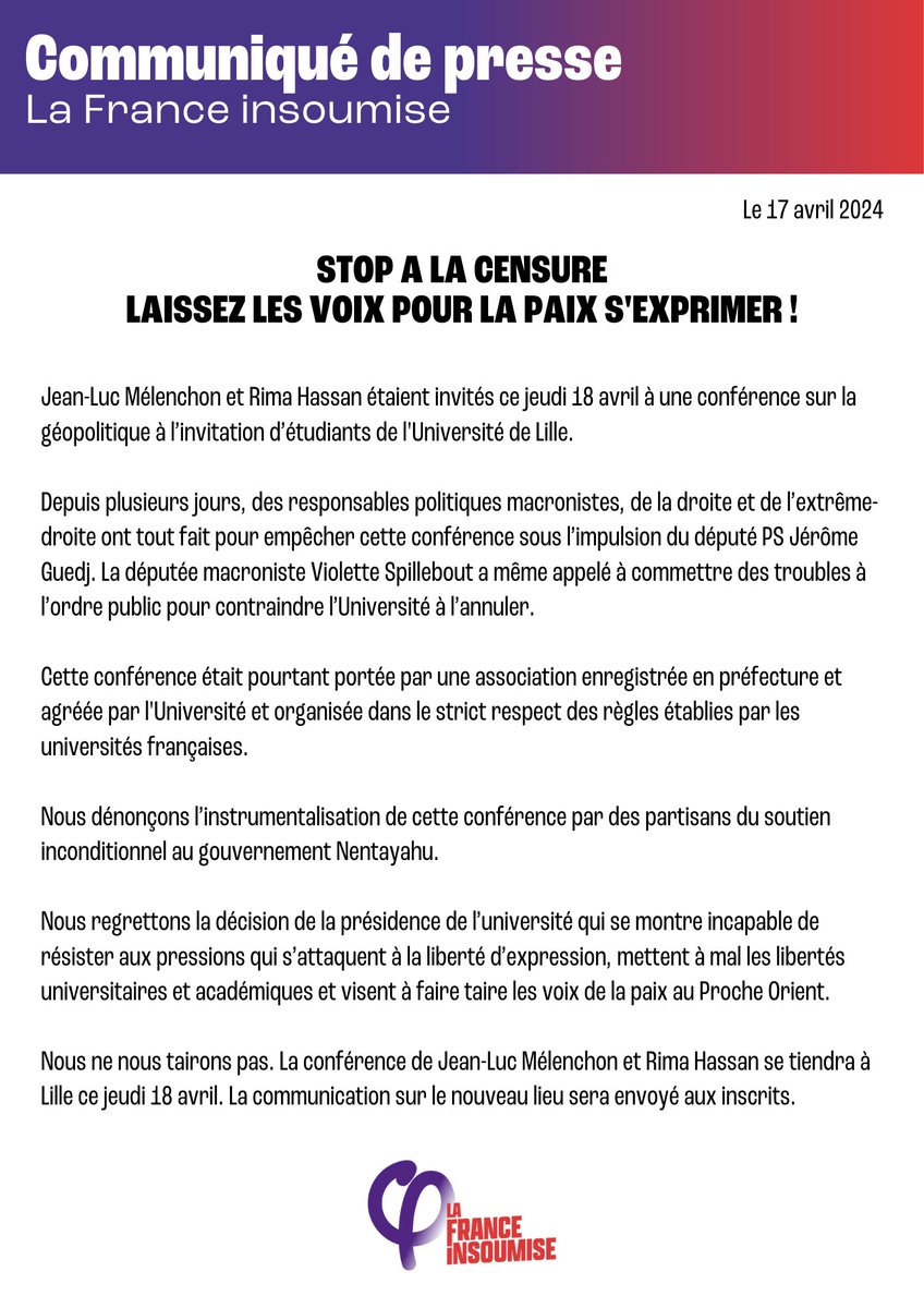 🔴 URGENT : STOP A LA CENSURE - LAISSEZ LES VOIX POUR LA PAIX S’EXPRIMER !

➡️ Notre communiqué en ligne : lafranceinsoumise.fr/2024/04/17/sto…