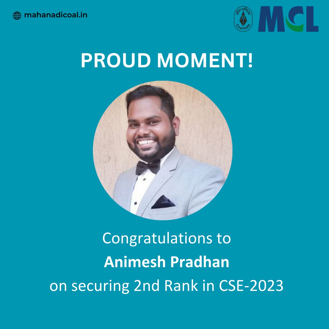 We join our teachers of MCL DAV School, Kalinga, to congratulate alumni Animesh Pradhan, S/o Late Smt Aruna Patra, Ex-Accounts Clerk, Bharatpur Project Office @mahanadicoal (MCL) in Talcher Coalfields, on securing all India 2nd rank in Civil Services Examination (CSE)-2023.