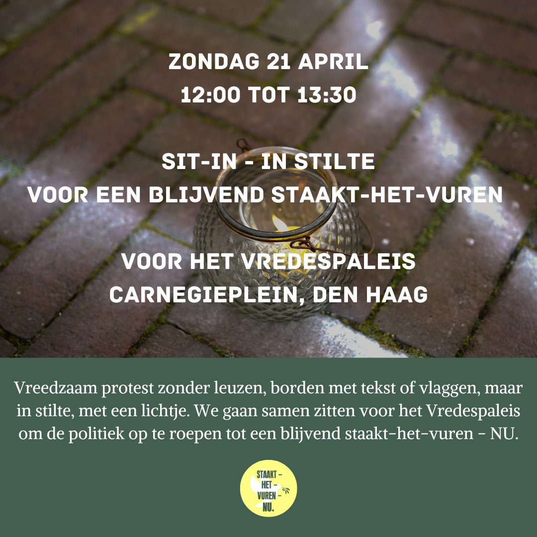 StaaktHetVuren's tweet photo. Wat valt er nog te zeggen? NL blijft gedogen dat kinderen moedwillig worden uitgehongerd, hun ledematen, ouders, broertjes, zusjes en levens verliezen. Staakt-het-vuren Nú. Zondag weer een sit-in in stilte voor het Vredespaleis om de politiek van die noodzaak te doordringen. ⬇️🕯️ https://t.co/yjJsKh4xsl