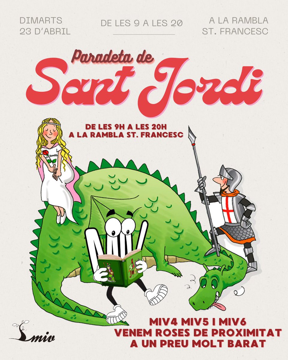 esplaiMIV's tweet photo. 👉Com és tradició el MIV tindrem una paradeta per vendre roses i llibres a la Rambla de Sant Francesc el proper 23 d’abril!🌹📚

Tots els diners que guanyem aniran destinats als campaments i rutes d’estiu de les joves de MIV 4, 5 i 6!🏕️

Compra la teva rosa a la paradeta del MIV! https://t.co/52VHcYqX9E