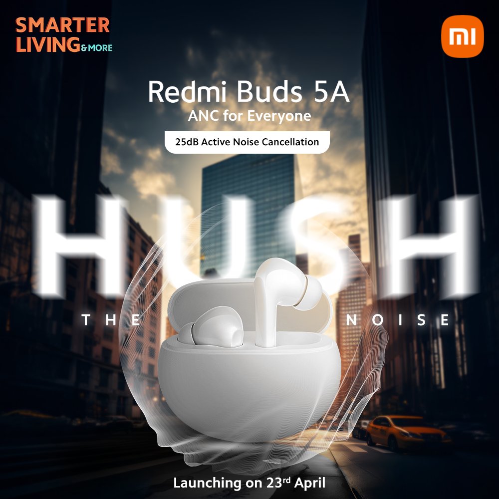 Immerse yourself in pure, uninterrupted audio bliss wherever you go with the all-new #RedmiBuds5A. With 25dB Active Noise Cancellation, it's time to take your audio journey to new heights. Launching on 23rd April with #SmarterLiving2024. Get notified: bit.ly/RedmiBuds5A