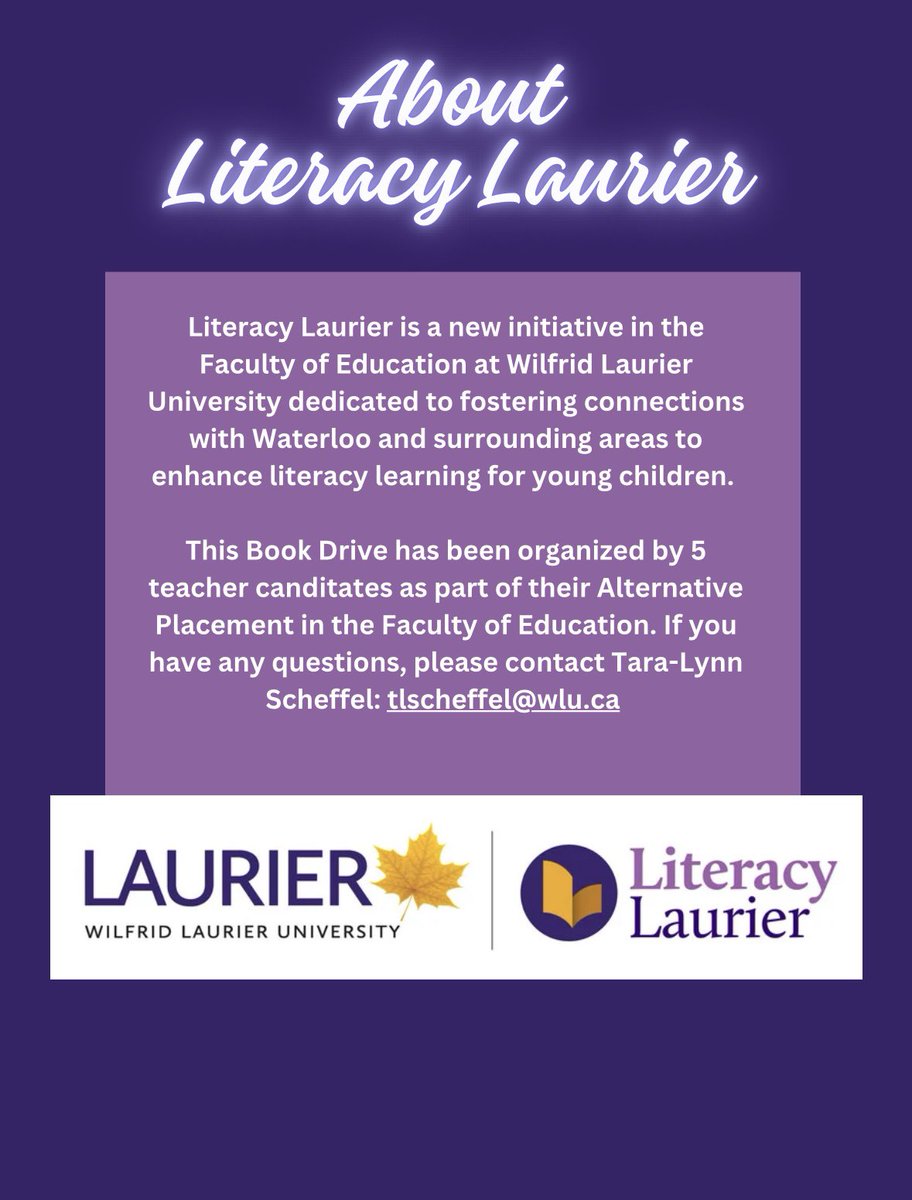 Literacy Laurier is launching as a new initiative to support a love for reading among young children in our surrounding communities. Check out the locations listed in our poster to drop off new or gently used books to support this initiative 💛🤍💜