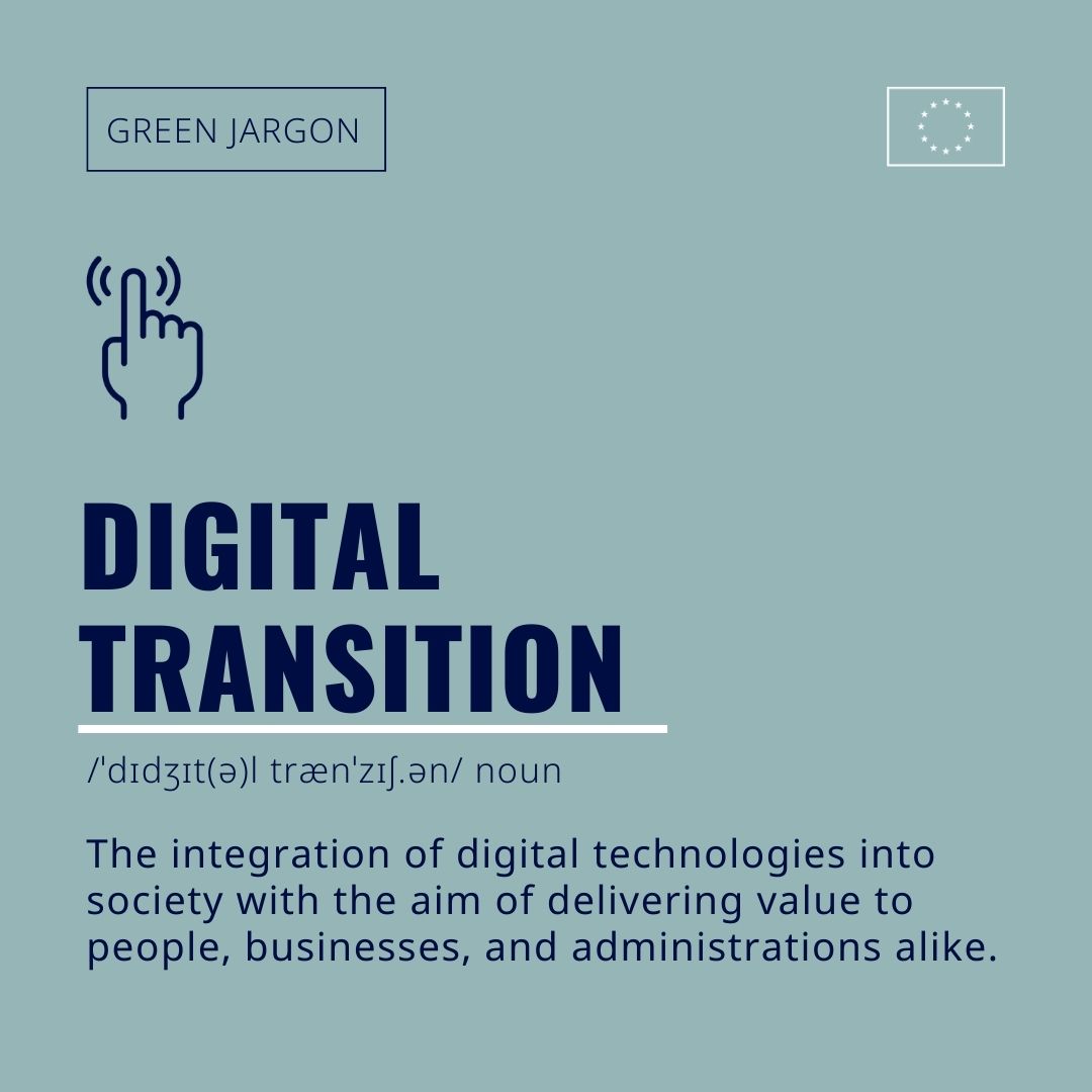 Today’s #GreenJargon: Digital Transition. 💻 As the twin to the Green Transition, they go hand-in-hand. Green technologies play a crucial role in achieving climate neutrality and are connected to all areas of life: 🎓 Education & work 👩‍⚕️ Health ⚖️Human rights 🌻 Green transition