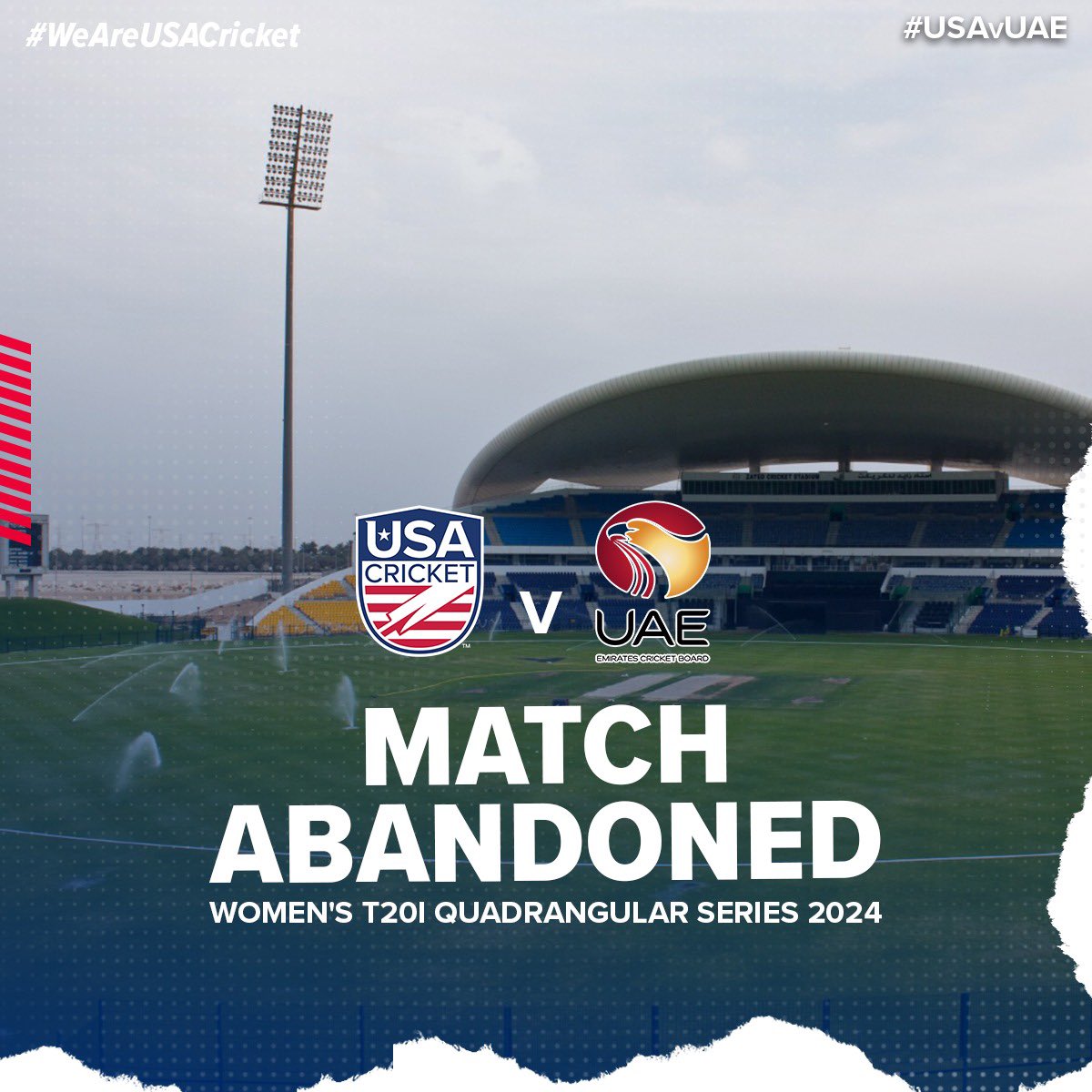 UPDATE 📢:

Due to wet field conditions, today’s T20 match against @EmiratesCricket was cancelled. 

Please stay tuned for more updates on upcoming matches.

#WeAreUSACricket