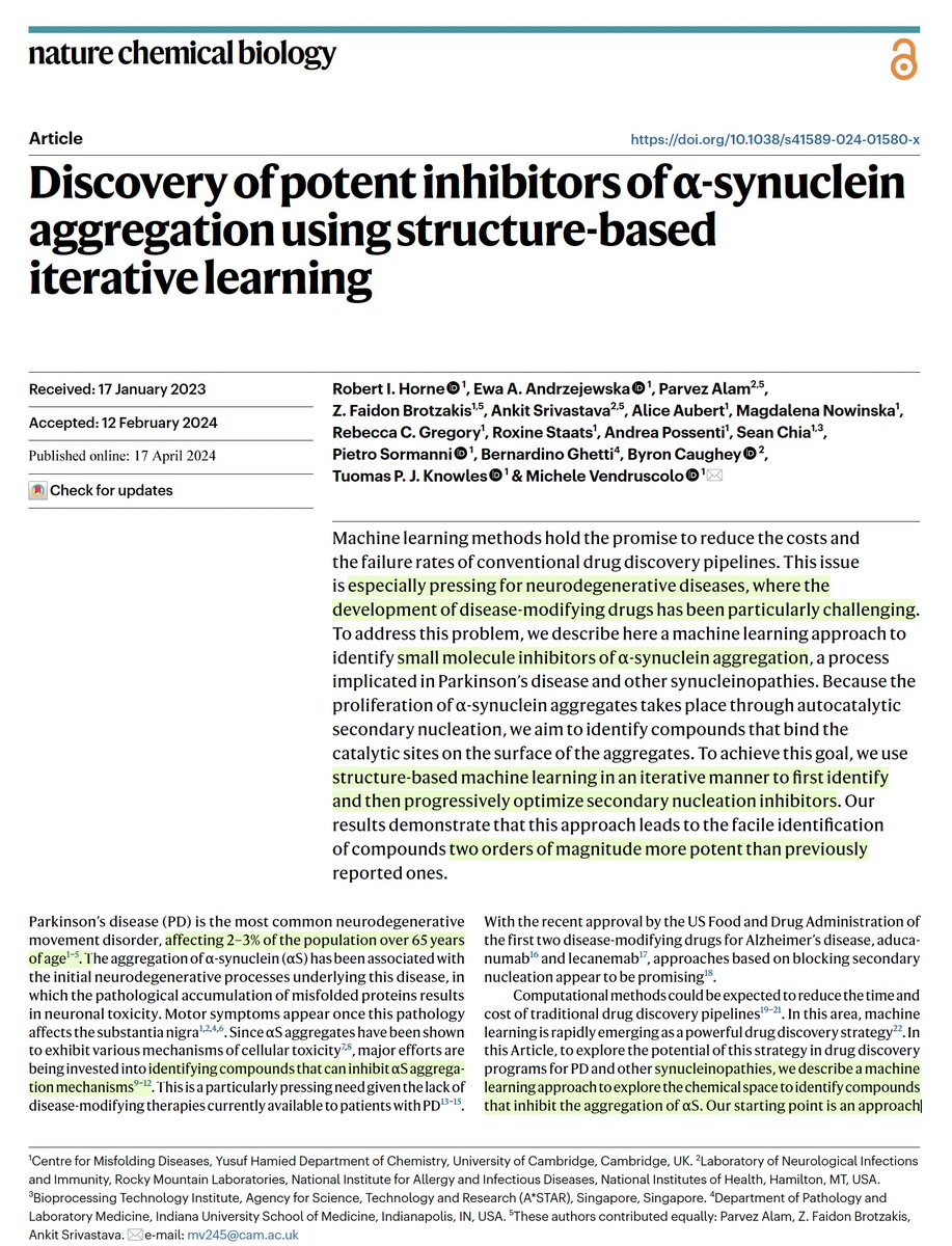 Eric Topol (@erictopol) on Twitter photo Now add #AI and structure-based drug discovery for screening 10X faster, 100X more potent , 1000X less cost for new potential small molecule drugs vs #Parkinson's disease
nature.com/articles/s4158…
<a href="/robertihorne/">Robert Horne</a> <a href="/Cambridge_Uni/">Cambridge University</a> <a href="/KnowlesLabCamb/">KnowlesLab Cambridge</a> <a href="/VendruscoloLab/">Vendruscolo Lab</a> Now add #AI and structure-based drug discovery for screening 10X faster, 100X more potent , 1000X less cost for new potential small molecule drugs vs #Parkinson's disease
nature.com/articles/s4158…
<a href="/robertihorne/">Robert Horne</a> <a href="/Cambridge_Uni/">Cambridge University</a> <a href="/KnowlesLabCamb/">KnowlesLab Cambridge</a> <a href="/VendruscoloLab/">Vendruscolo Lab</a>