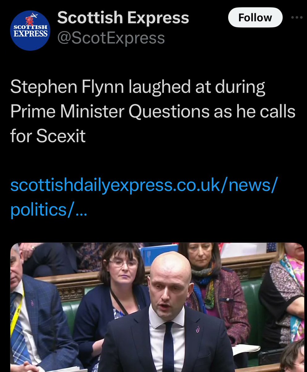 ‘‘Stephen Flynn laughed at during Prime Minister’s Questions as he calls for Scexit.’’

Laughed at, ostracised, ridiculed, sidelined, remind us why they go there to listen to that?