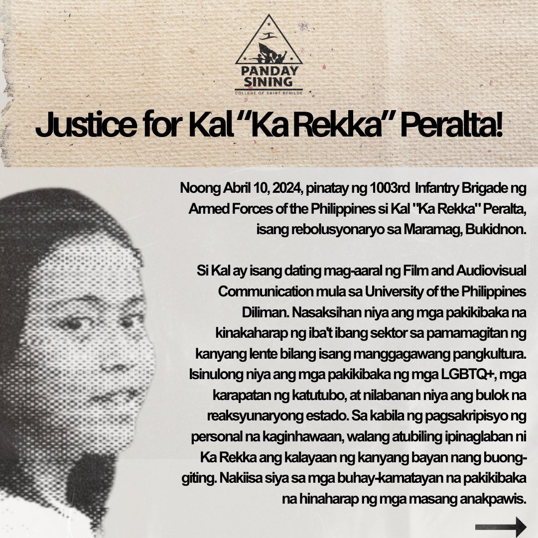 PSMalate's tweet photo. JUSTICE FOR KAL PERALTA!
Kinukundena ng Panday Sining CSB ang pagmamanipula ng AFP sa mga tunay na nangyari. Ang taktika nilang ito ay ginagamit nila upang itago ang kanilang pamamaraan ng pagpaslang ng mga rebolusyonaryo nang wala nang kakayahan lumaban.
#JusticeForKal https://t.co/TclgA8vSxm