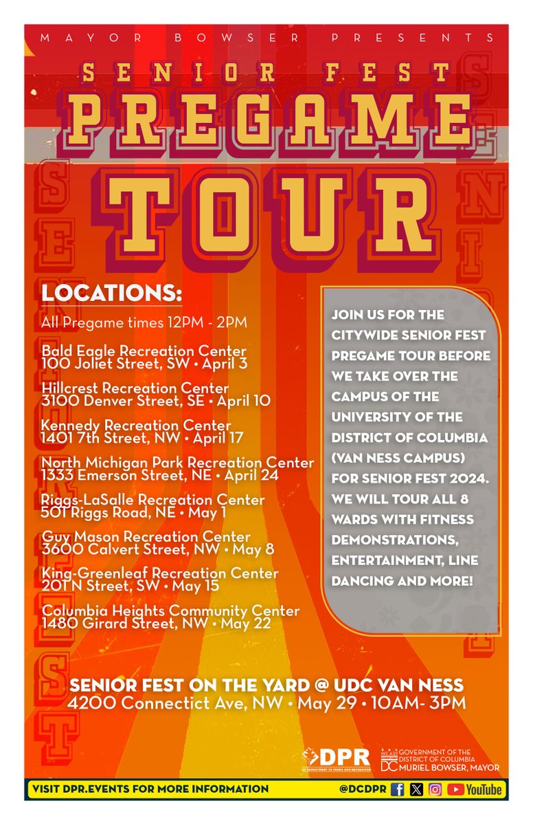 DCDPR's tweet photo. Get ready for Senior Fest with a pregame tour at the newly refurbished Kennedy Recreation Center in Downtown DC! 
TODAY - APR 17 @ 12:00PM.  Welcome back,  senagers! 
#BeDowntown #RECforALL
https://t.co/gOp1Bl2Kzh https://t.co/g6BZbTVJrN