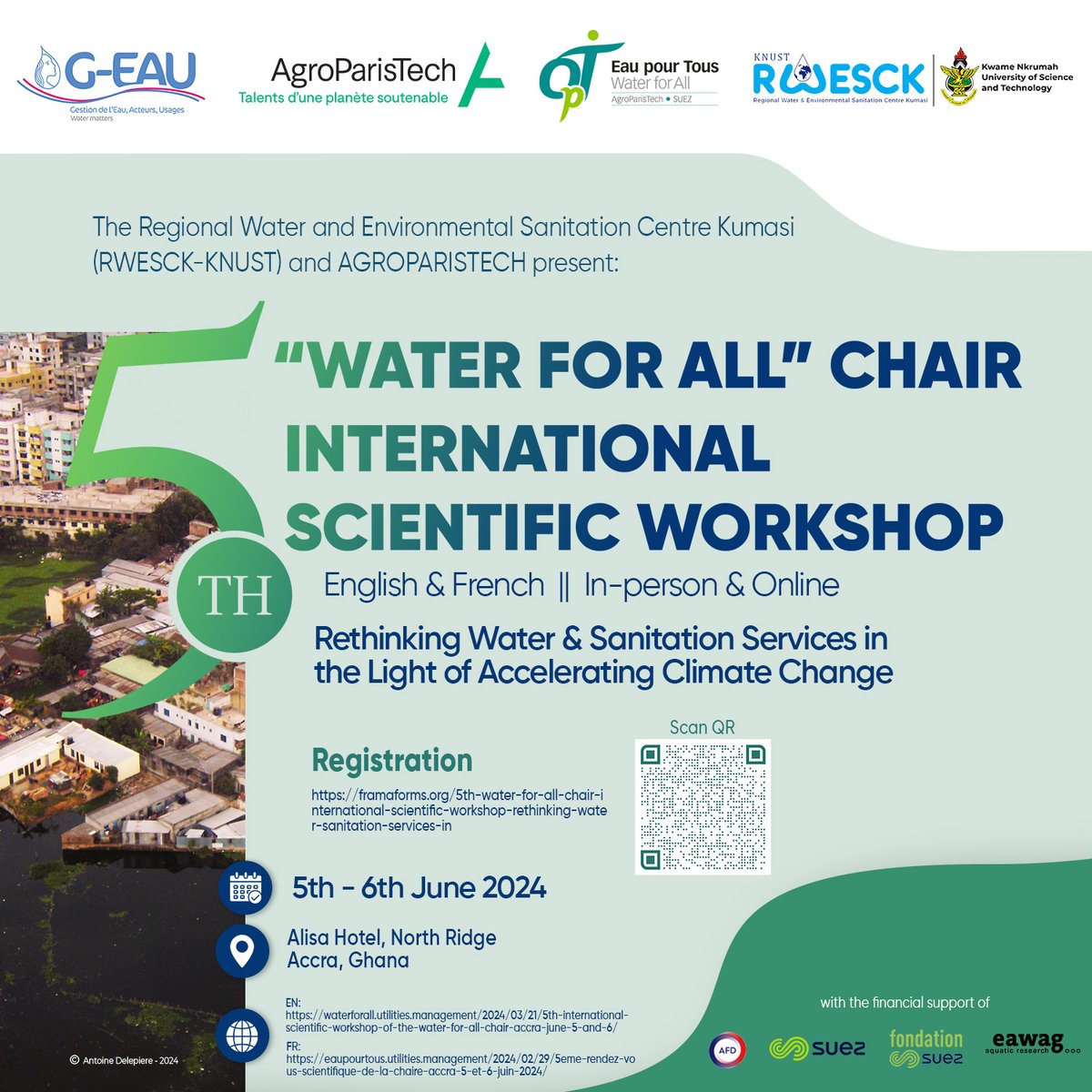 Join our scientific workshop on rethinking water and sanitation services organised by <a href="/rwesck_knust/">RWESCK KNUST</a>  KNUST and <a href="/AgroParisTech/">AgroParisTech</a>  from 5th to 6th June 2024 at Alisa Hotel, North Ridge, Ghana. 

Please register using the QR code or the link below
framaforms.org/5th-water-for-…