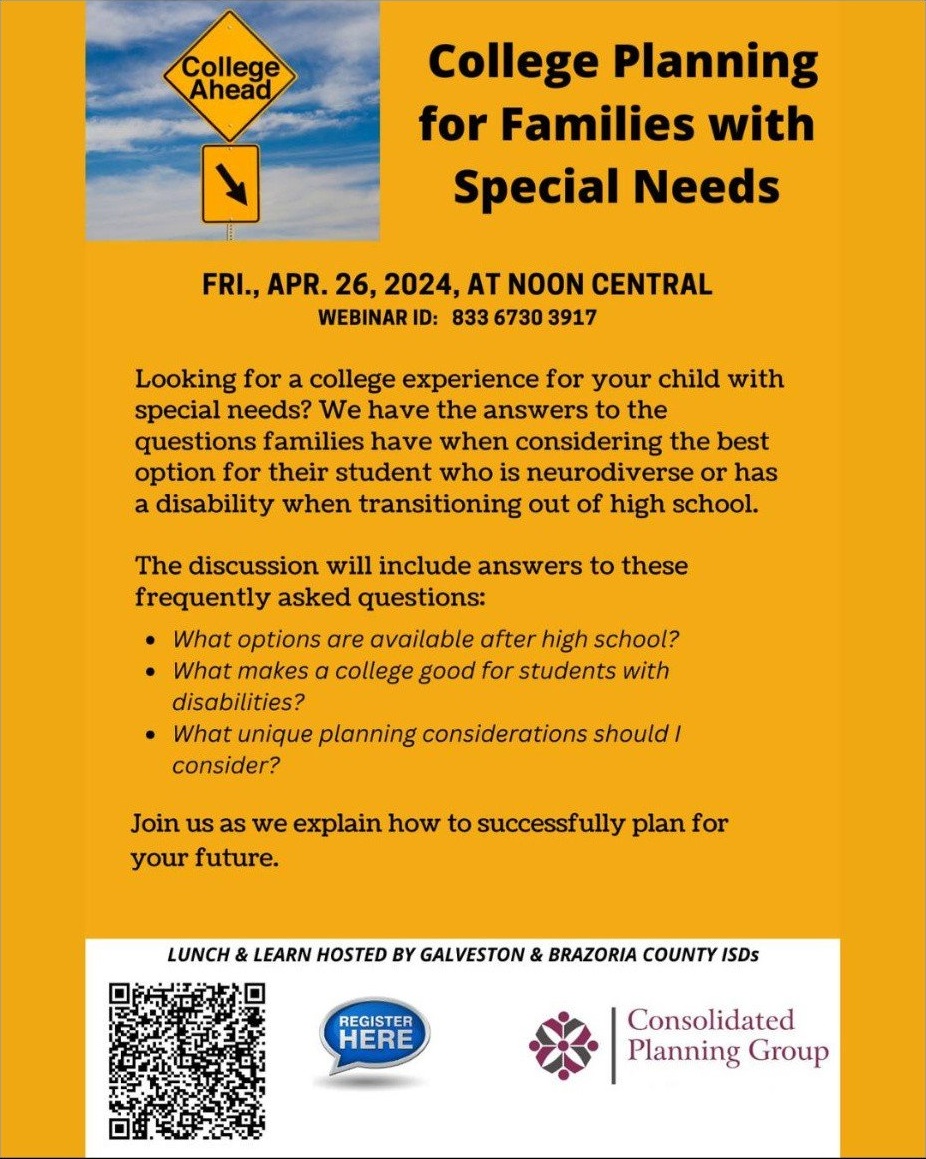 ⚠️Alvin ISD together with other Local ISDs, Galveston and Brazoria Counties will offer a 𝐂𝐨𝐥𝐥𝐞𝐠𝐞 𝐏𝐥𝐚𝐧𝐧𝐢𝐧𝐠 𝐖𝐞𝐛𝐢𝐧𝐚𝐫 for families with special needs 𝐅𝐫𝐢𝐝𝐚𝐲 𝐀𝐩𝐫𝐢𝐥 𝟐𝟔, 𝟐𝟎𝟐𝟒. 𝟏𝟐:𝟎𝟎𝐩𝐦. Click here to sign up ow.ly/kMR850R2wQh