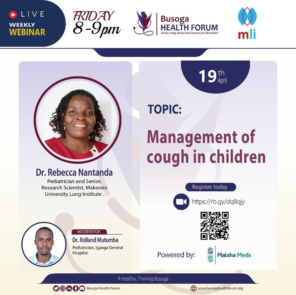 Join us this Friday as we discuss Management of Cough in Children with Dr. Rebecca Nantanda (@rnantanda) Pediatrician and Senior Research Scientist Makerere University Lung Institute (@Lung_Institute) Click here to register rb.gy/67ww0o