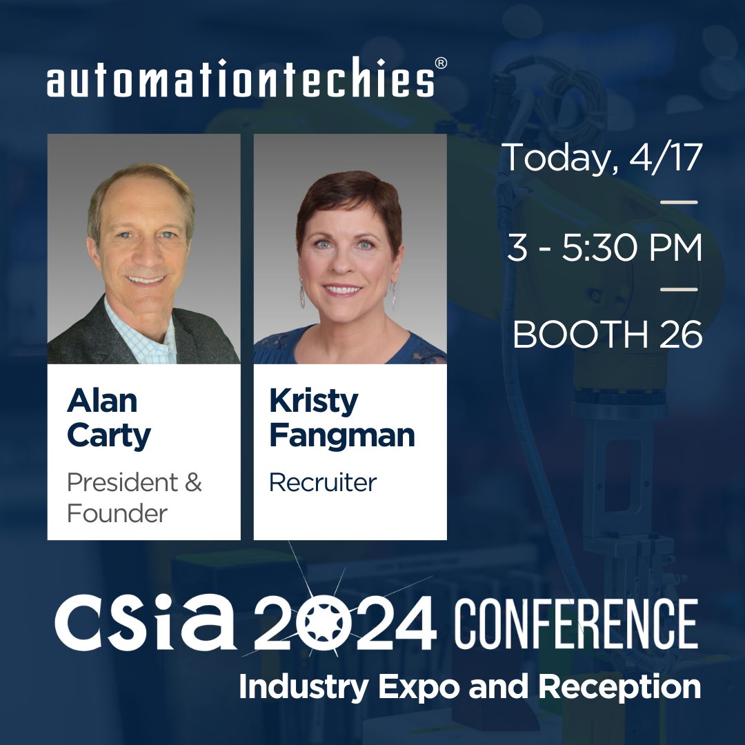 automationtechies (@automation_jobs) on Twitter photo We're at <a href="/CSIAtweet/">CSIA Staff</a>'s 2024 Conference today! Swing by booth 26 between 3 - 5:30 pm to say hello to Kristy and Alan. We'd love to see you!
#CSIA2024 #engineering #automation #industrialautomation We're at <a href="/CSIAtweet/">CSIA Staff</a>'s 2024 Conference today! Swing by booth 26 between 3 - 5:30 pm to say hello to Kristy and Alan. We'd love to see you!
#CSIA2024 #engineering #automation #industrialautomation