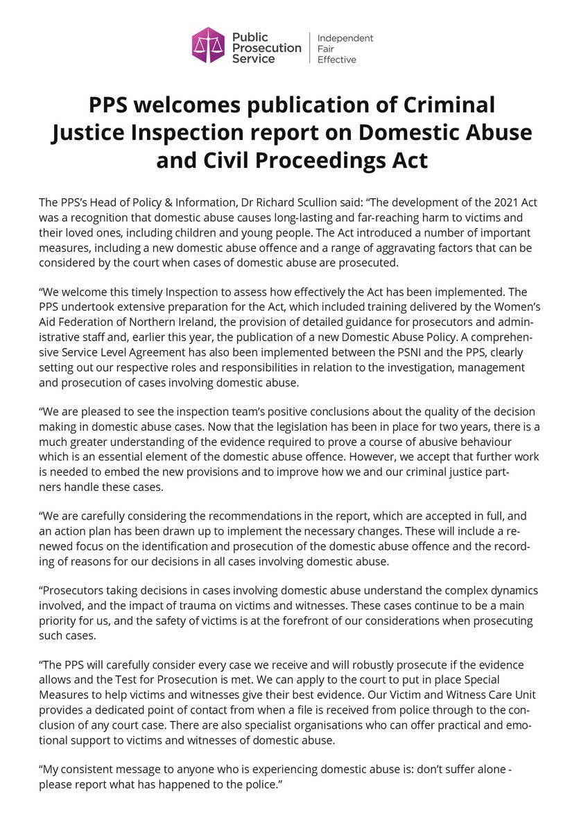 The PPS has welcomed the publication of Criminal Justice Inspection’s review of the effectiveness of Part 1 of the Domestic Abuse and Civil Proceedings Act (Northern Ireland) 2021. You can see our statement below and on our website ppsni.gov.uk/news/pps-welco…