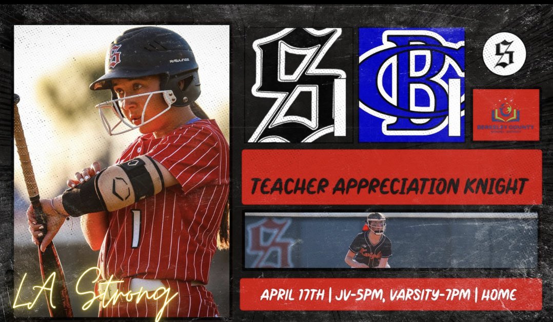 Teacher Appreciation Knight‼️
Come enjoy some great softball &amp; a bowl of chicken bog, nachos, hot dogs, and more! 
All proceeds from the concession stand will go to Ashley Ridge’s Head Softball Coach/PE teacher, LA Shannon, cancer surgeries/ treatments. 

#WEoverme | #AllIn