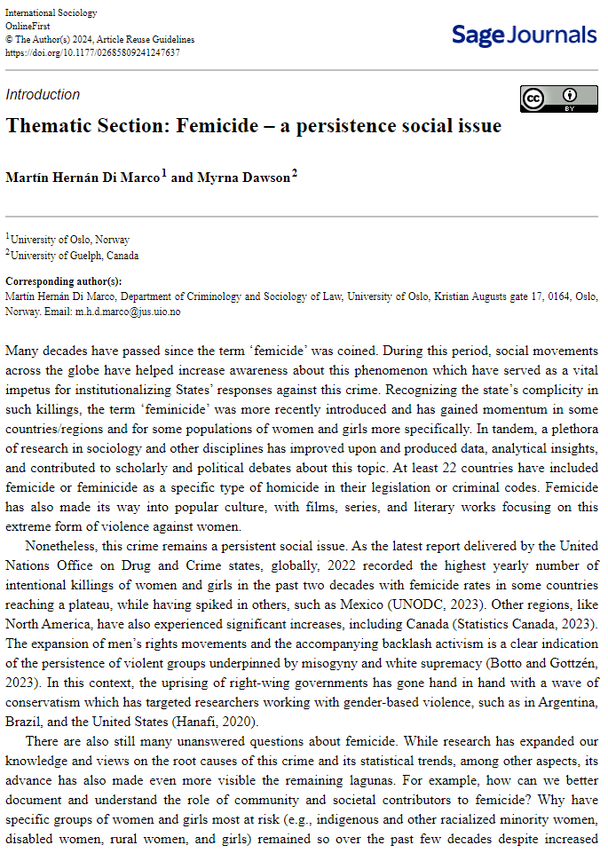 We had the pleasure to organise a thematic issue with <a href="/DawsonMyrna/">Myrna Dawson🇨🇦</a> in <a href="/IS_sociology/">International Sociology</a> about femicides, based on the discussions from #ISAWCS23 and @TG11_ISA! Fantastic contributions focused on South Africa, Mexico, Canada &amp; Latin America. See intro journals.sagepub.com/doi/10.1177/02… [1/5]