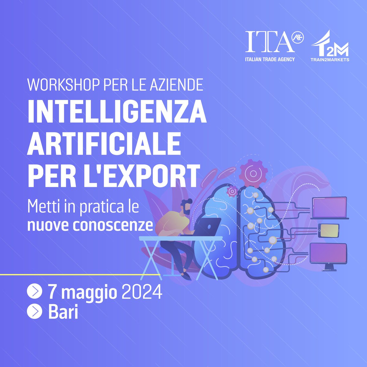 Migliora l'efficienza e la produttività della tua azienda con l'AI generativa. Scopri come utilizzarla al meglio nel workshop di Bari organizzato da #Train2markets! Iscrizioni entro il 26 aprile. Posti limitati. 📅 07/05/2024 📍 Bari Iscriviti ora: bit.ly/3W7jwy6