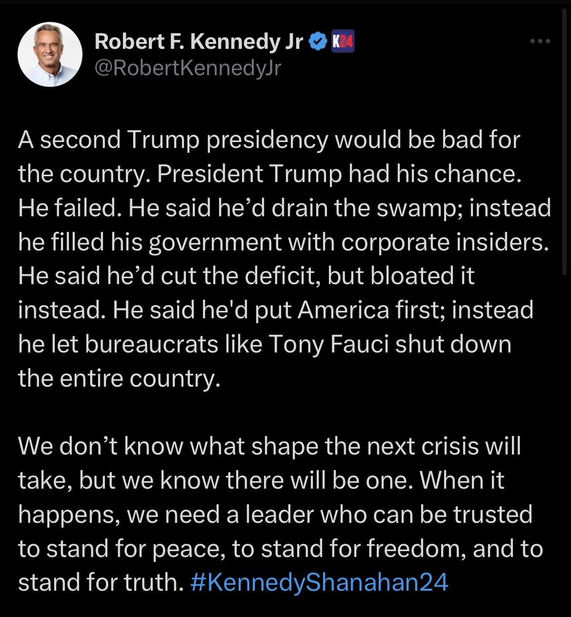 Poor ⁦@RobertKennedyJr⁩. His wife must have yelled at him. PS your vice presidential running mate is an unqualified libtard who didn't recognize America had an immigration problem until a week ago.