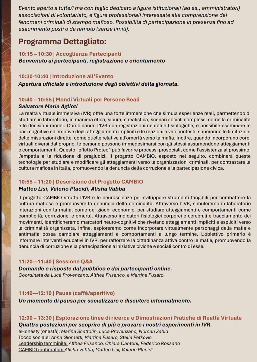 🔍 🧠 Partecipa al nostro evento per esplorare come realtà virtuale e neuroscienze possono trasformare le attitudini verso la criminalità organizzata! Immergiti in esperienze VR e partecipa alla discussione sull'uso della tecnologia per il bene sociale! 
Link 👇🏻👇🏻👇🏻