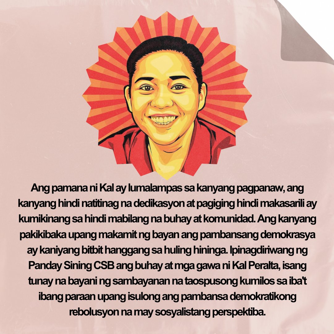 PSMalate's tweet photo. Ipinagdiriwang ng Panday Sining CSB ang buhay at mga gawa ni Kal Peralta, isang tunay na bayani ng sambayanan na taospusong kumilos sa iba't ibang paraan upang isulong ang pambansa demokratikong rebolusyon na may sosyalistang perspektiba.
#JusticeForKal
#TuloyAngSilab https://t.co/mb6H5SSmAp