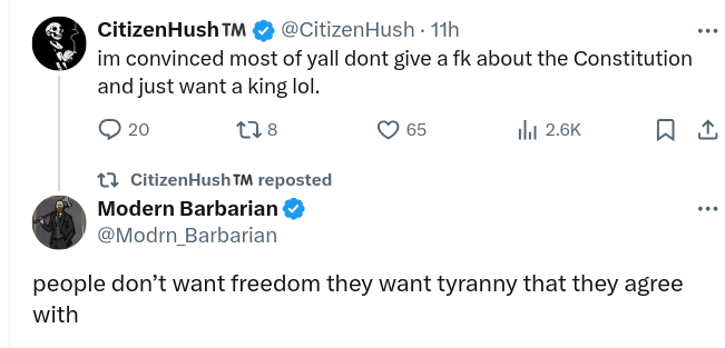 I guess today is political Enlightenment Poasts day. Freedom is often uncomfortable (at first) and seems to require a lot more 'accepting and allowing' reality and experience than comforting dogmas of all for all, service, and dependency.