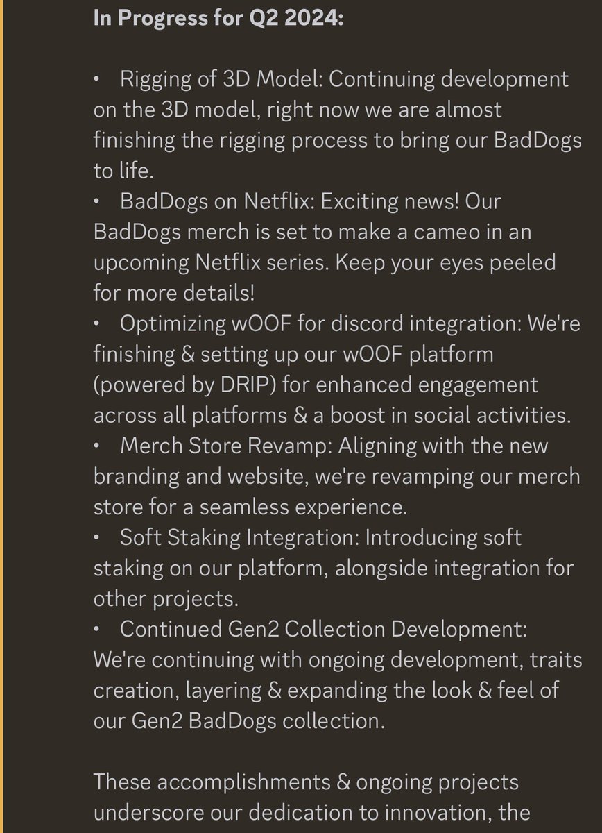 Today I’m so proud to share all the accomplishments of a very dedicated team and community <a href="/BadDogsCompany/">Bad Dogs Company</a> . So excited for what’s to come. To say we are building something truly special is an understatement. The evidence is right here . LFG!!
#NFTCommmunity#LetsTalkAboutIt