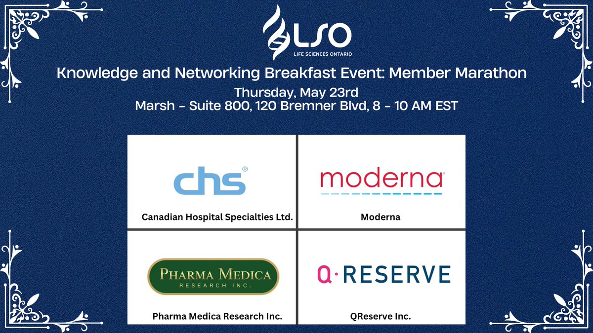 Our Member Marathon is back on May 23rd! We have a stellar lineup: - Canadian Hospital Specialties Ltd. - Moderna - Pharma Medica Research Inc. - QReserve Inc. Venue: Marsh - Suite 800, 120 Bremner Blvd, Toronto Time: 8 -10 AM EST Register now: lifesciencesontario.ca/stec_event/lso…