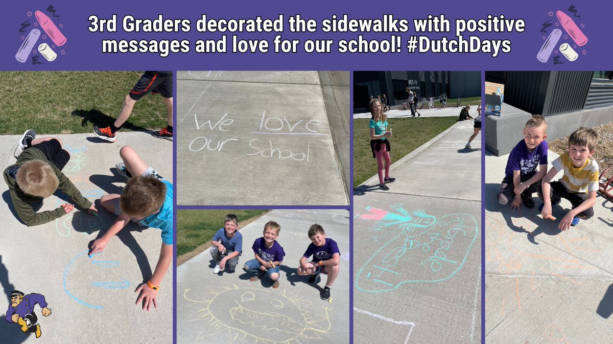 In honor of #LoveMySchool week and #DutchDays, 3rd Graders decorated the sidewalks with positive messages and love for our school! 😊