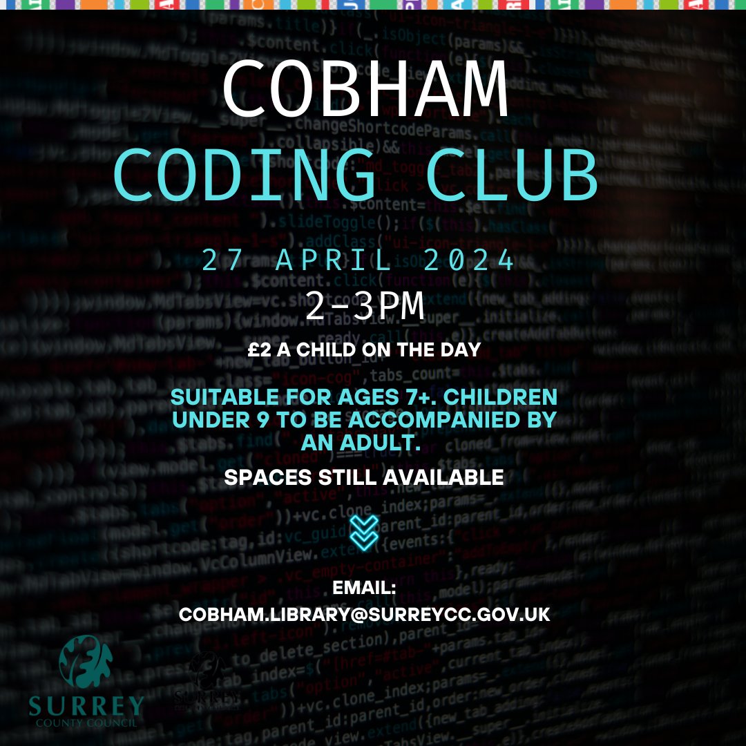 Spaces are still available for our next Cobham Coding Club session! We'll be revisiting the Kano creative kits which allow plucky would-be engineers to build a PC all by themselves! Email us or drop in to book. #codingclub #kano #kidsgetcoding @SurreyLibraries