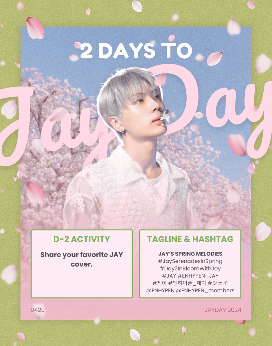 PJAY_BR's tweet photo. [D-2]

Let Jay move our hearts by sharing your favorite Jay cover, as his melodies serenade you in the midst of this blossoming season 💗🌷

JAY'S SPRING MELODIES
#JaySerenadesInSpring
#Day2InBloomWithJay
#JAY #ENHYPEN_JAY #제이 #엔하이픈_제이 #ジェイ@ENHYPEN @ENHYPEN_members https://t.co/xj8b083Hc4