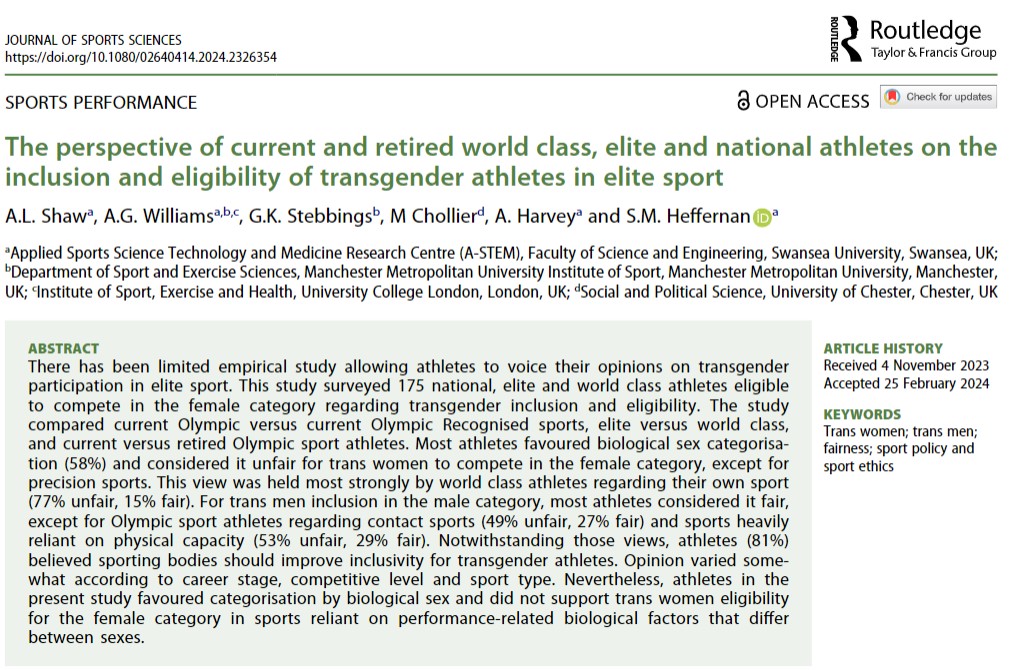 We’re very pleased to publish this article in @JSportsSci, making a major contribution to the academic literature regarding the views & opinions of high standard female athletes on the eligibility and participation of transgender women in the women’s/female category of sport (1/)