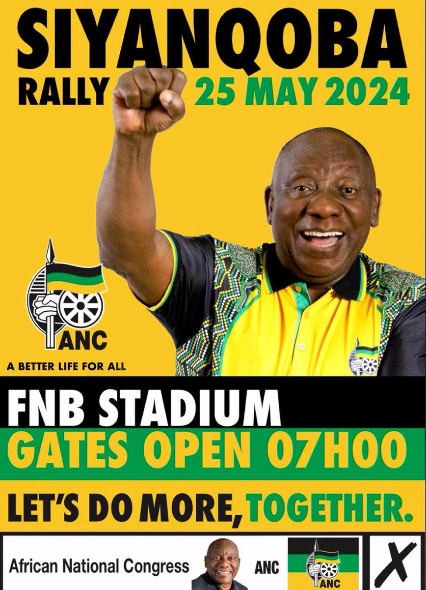 All roads lead to FNB Stadium for the #SiyanqobaRally! ⚫🟢🟡 Date: 25 May 2024 Time: 07h00 #VoteANC #VoteANC2024 #LetsDoMoreTogether