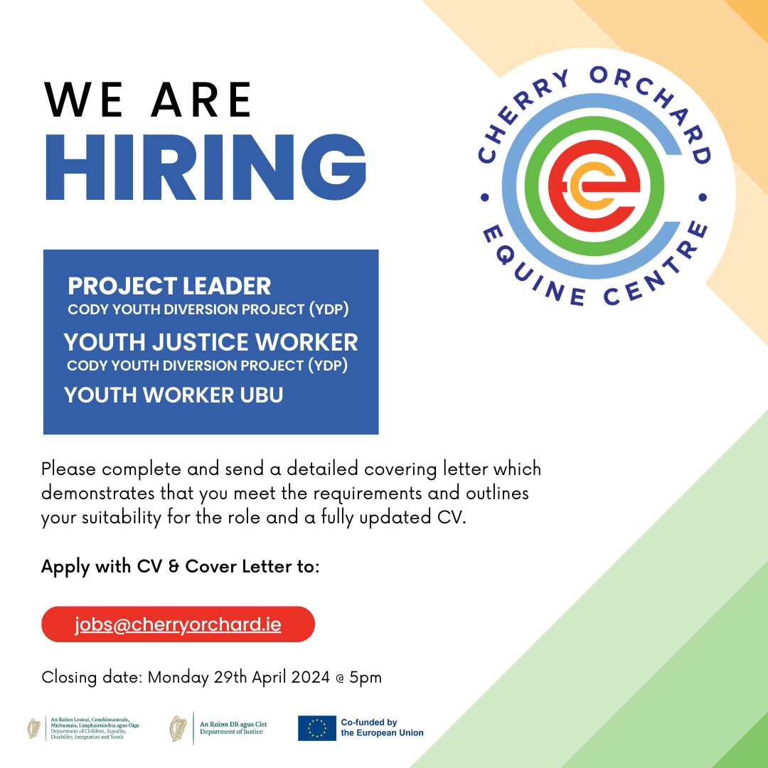 Cherry Orchard Equine Centre are hiring for two dynamic roles: Project Leader CODY Youth Diversion Project (YDP) Youth Justice Worker – CODY Youth Diversion Project (YDP) · Youth Worker (Full Time) UBU View on @Activelink #jobsfairy #jobsireland #CommunityDevelopment