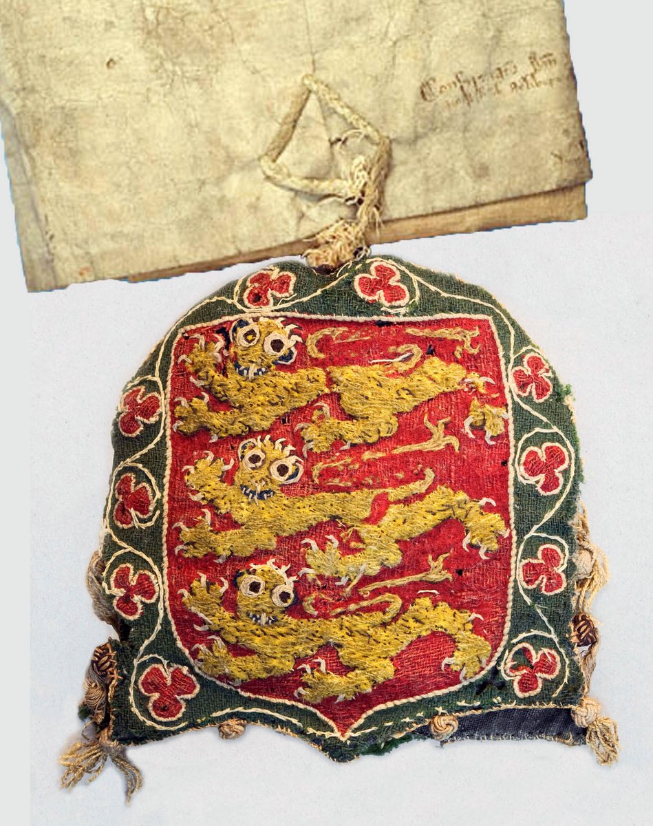 This beautiful seal bag, embroidered with the Royal Arms of England, was made in 1280 to protect the wax seal attached to a charter from the reign of Edward I. It's a fine example of 'opus anglicanum' - highly-prized English embroideries with gold and silver thread. #Archive30