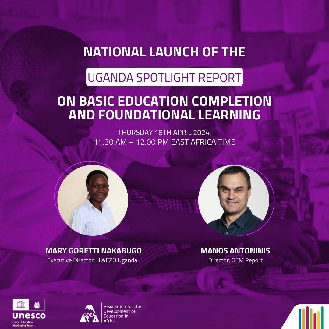 🗓️ Mark your calendars! Join us on April 18 at the Foundations for Learning Conference in Kampala, where the Spotlight #Uganda country report by #GEMReport & @ADEAnet will unveil insights into foundational literacy & numeracy in Uganda 🇺🇬. #BorntoLearn ➡️ bit.ly/3Q4LmHE