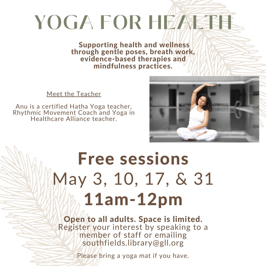 Join certified #Hatha #Yoga teacher Anu for free Yoga for Health sessions at #Southfields Library! These Friday sessions are open to all adults, although spaces are limited - speak to a member of staff or email us at southfields.library@gll.org for more information!