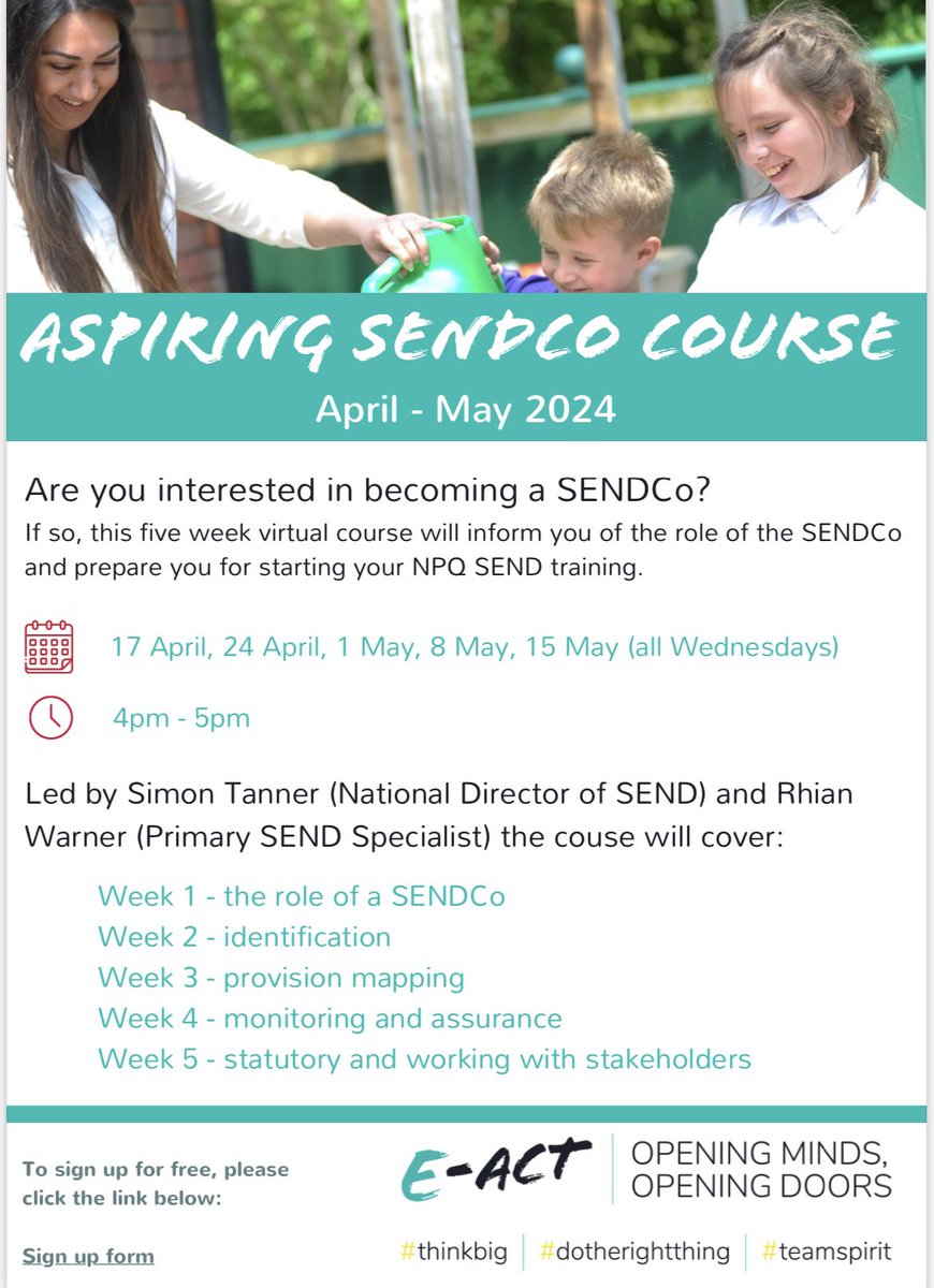 Looking forward to welcoming our second @EducationEACT cohort to our Aspiring SENDco course today led by myself and @simontanner_SEN 

A 5 week CPD series aiming to inspire and support our up and coming SEND leaders.

 #ThinkBig