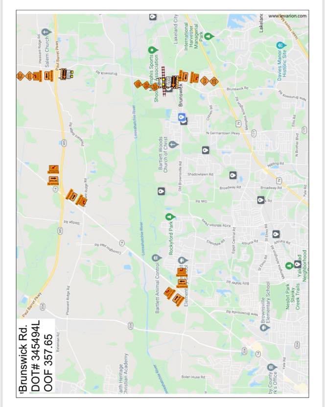 At 9:00AM today, CSX railroad is planning a closure at Brunswick Rd crossing. Traffic will be detoured through Bartlett and may cause congestion. The road will be back open Thursday 04/18/2024 around noon.