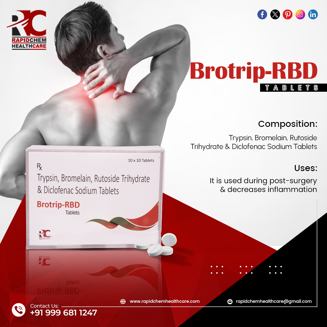Introducing BROTRIP-RBD TABLETS by Rapidchem Healthcare
It is used during post-surgery & decrease inflammation
#PCDPharmaFranchise #PCDPharma #chandigarh #pharmafranchisecompany #ISOCertified #pharma #isocertified #PharmaProducts #tables #pharmaceuticals