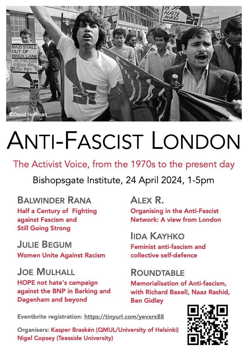 Come join this public event to explore the history of anti-fascism in London, from the 1970s until today, on 24 April at Bishopsgate Institute. The program includes personal testimonies by activists and a roundtable on the memorialisation of anti-fascism in London. Please share!