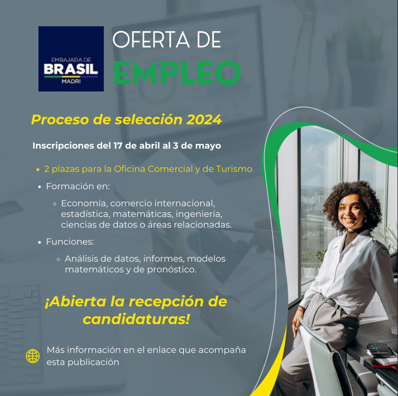 La Embajada de Brasil en Madrid abre proceso de selección para la contratación de dos Asistentes Técnicos para el Sector Comercial y de Turismo. Más información en el siguiente enlace: gov.br/mre/pt-br/emba… #ofertadeempleo #ofertalaboral