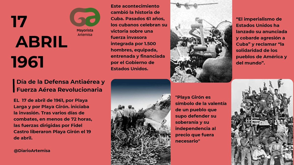 El 17 de abril se conmemora el Día de la Defensa Antiaérea y Fuerza Aérea #GironVictorioso #Cuba #ArtemisaJuntosSomosMás #MayoristaArtemisa
<a href="/ArtemisAlimento/">Mayorista Alimentos Artemisa</a>
<a href="/GrupoAlimentos/">Grupo de Alimentos</a>
<a href="/BetsyDazVelzqu2/">Betsy Díaz Velázquez</a>
<a href="/RicardoArtemisa/">Ricardo Concepción Rodríguez</a>
<a href="/GladysArtemisa/">Gladys Martínez Verdecia</a>
