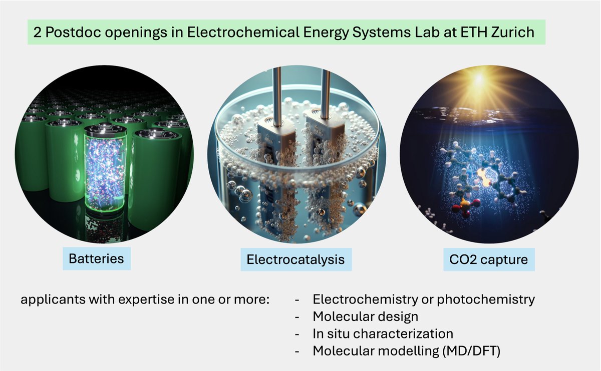 We have 2 #Postdoc openings in electrochemistry⚡️ & photochemistry🌞 @ETH Zurich!

Join our team to address challenges in #batteries, #electrocatalysis and #CO2 capture.

Apply here⤵️: jobs.ethz.ch/job/view/JOPG_…  

#AcademicChatter #Chemistry #ScienceJobs